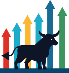 Vector of Bull Silhouette With Upward Chart Arrows