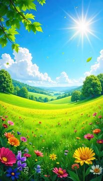 A vibrant summer landscape featuring lush greenery, sun-drenched fields, and a clear blue sky; perfect for travel, vacation, or seasonal advertising , foliage, hot, adventure