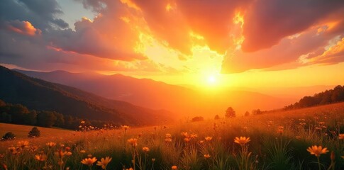 Golden Sunrise Peaceful Rebirth on a Tranquil Sunday Morning, Evoking Renewal and Hope.  A vibrant horizon paints the sky with divine light, signifying spiritual awakening.
