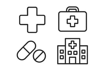 Fototapeta premium Medical cross icons collection with suitcase, pills, hospital, treatment symbols, editable stroke line art vector for healthcare infographics, medical articles, flyers, banners