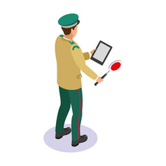 Isometric Illustration of a Security Officer Using a Tablet and Stop Sign for Inspection Duties