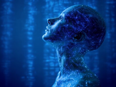 未来的な人工知能とデジタルネットワークを表現した人物シルエット