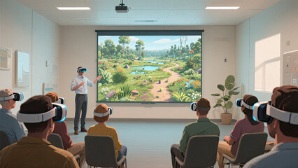 Fototapeta premium Landscape architect presenting a virtual reality simulation of a natural park with lakes, paths, and vegetation to an audience.