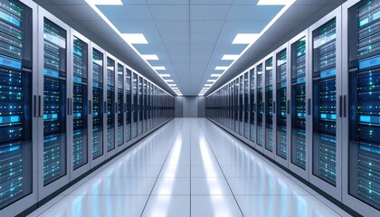 Obraz premium Futuristic Data Center Corridor with Cool LED Lighting