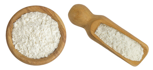 White flour in wooden bowl and scoop isolated on white background. Top view. Flat lay.
