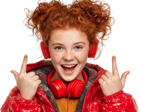 a happy, red-haired girl wearing headphones, pointing at her ear, on a transparent background.png