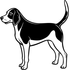 A stylized, profile view of a Beagle dog in black and white silhouette.