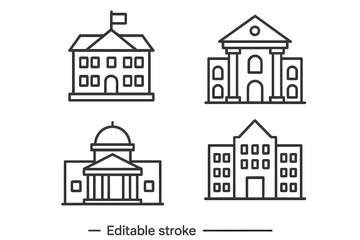 School College University Outline Vector Icons Collection, Editable Stroke, Education Building Symbols for Infographics, Articles, Flyers, Banners, Cartoon Illustration Set
