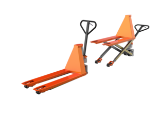 Isolated 3D render of Standard and High-Lift Scissor Pallet Jacks for warehouse logistics; essential heavy-lifting material handling equipment in orange color, rendered on HD transparent background.