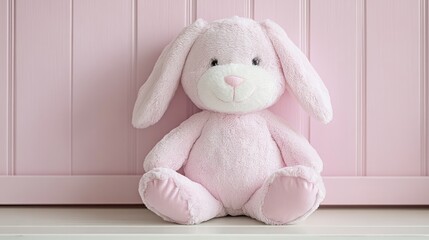 Pink Plush Bunny Toy Sitting Against a Soft Pink Wall
