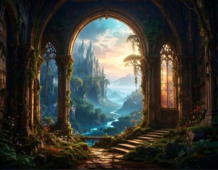 A picturesque arched view of a fantasy landscape