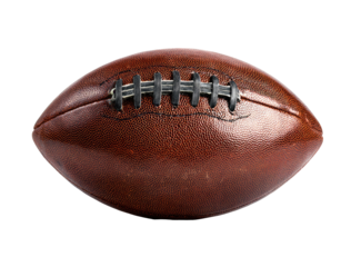 Close-up of a vintage American football.  Dark brown leather ball with black stitching.  Circular shape, oval outline.  Isolated on black background