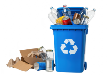 Blue recycling bin filled with plastic bottles and cans isolated on transparent background