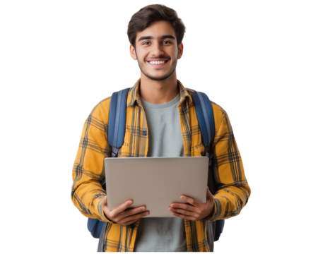 photo of a happy man holding a laptop, isolated on a transparent background