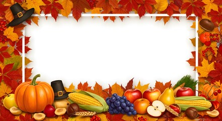 Fall Harvest Pumpkins, Corn, Apples, and Colorful Autumn Leaves Frame