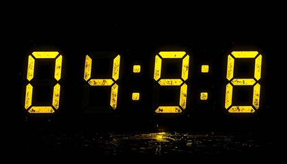 Digital clock, yellow digits on black background, distressed effect