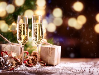 Fototapeta premium Celebrate new year with champagne glasses and christmas gifts holiday background