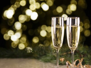 Celebrate new year with champagne glasses and festive lights bokeh background