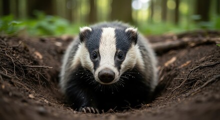 Badger Emerging from Burrow, Forest Floor Close-up