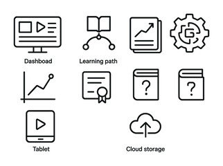 Adaptive Learning Icons. Outline icon set of adaptive learning systems: dashboard, learning path, algorithm