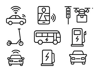 Transport IoT Icons. Outline icon set of IoT in transportation: connected car, GPS navigation, smart traffic