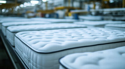 Fototapeta premium Mattress Production: A detailed close-up showcases the assembly line, with an array of pristine, freshly crafted mattresses moving in a well-organized manufacturing process.