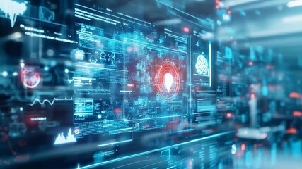 Futuristic transparent digital interface displaying data analysis and machine learning algorithms - Powered by Adobe