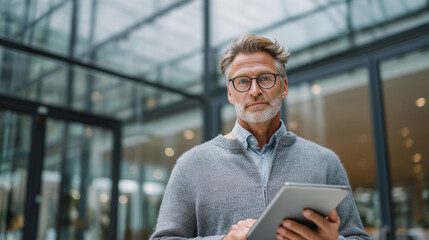 A confident mature Business man with glasses holding a tablet, standing in a modern office environment with natural light
