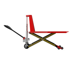 Modern Red Hydraulic Pallet Jack 3D Render Isolated Side View PNG Cutout. Essential robust warehouse equipment asset for seamless logistics, material handling, and global supply chain operations.