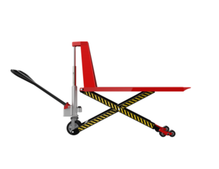 Modern Red Hydraulic Pallet Jack 3D Render Isolated Side View PNG Cutout. Essential robust warehouse equipment asset for seamless logistics, material handling, and global supply chain operations.