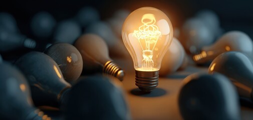 The Light Bulb Standing Alone Among Unlit Bulbs Representing Innovation and Creativity