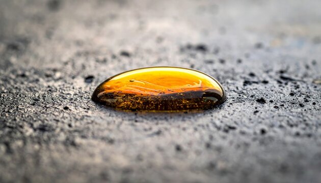 Close-Up of Amber Liquid Droplet on Textured Dark Surface
