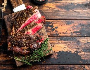 Sliced steak on wooden board