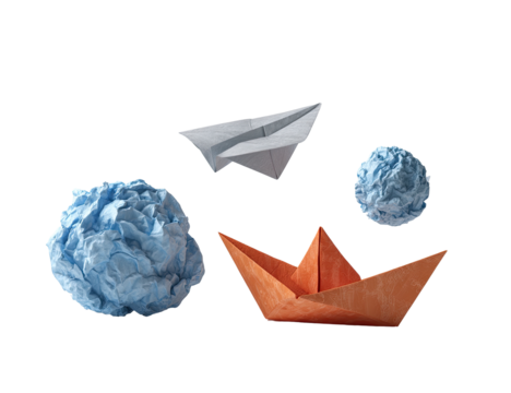 Paper airplane, boat, and crumpled balls
