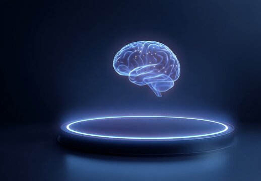 Glowing blue holographic brain floating above a neon circle