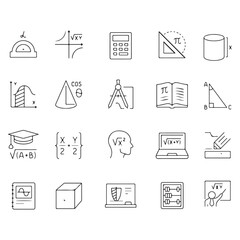 Fototapeta premium Mathematics Line Icons Set – Geometry, Algebra, Calculator, Pi Symbol, Formula Vector Pack. Includes geometry instruments, calculator, formulas, pi symbol, square root, infinity, percentage, sigma, 