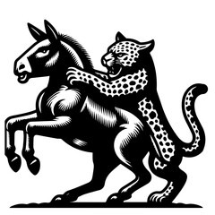 A black and white illustration of a leopard clinging to the back of a rearing donkey in profile view