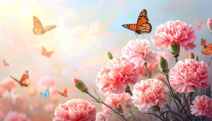 Beautiful Pink Carnations with Butterflies in a Bright Garden Scene