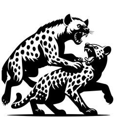 Two spotted hyenas in a fierce confrontation with bared teeth and aggressive postures in black and white