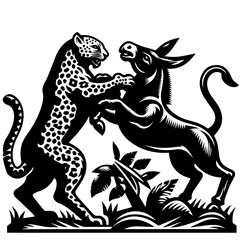 A black and white illustration of a leopard and a donkey fighting in a jungle setting with plants