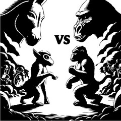 Black and white illustration of a donkey versus a gorilla with smaller monkeys facing off below them