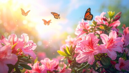 Fototapeta premium Colorful Butterflies Dancing Among Blooming Pink Flowers in Nature