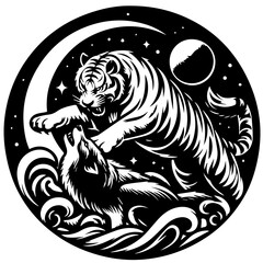 A circular illustration of a tiger attacking a wolf under a crescent moon and starry night sky design
