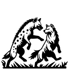 Two hyenas facing each other in a stylized black and white vector illustration with grass below them