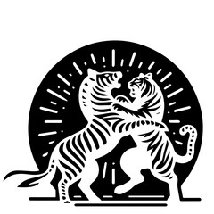 Two tigers fighting in a black and white illustration with a sunburst background design element present