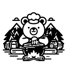 Illustration of a bear chef cooking in a pot over a campfire with mountains and trees in the background