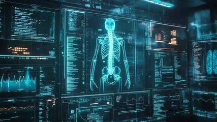 Futuristic medical software analyzing human skeleton and data on multiple screens - Powered by Adobe