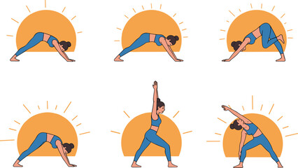 Morning yoga poses with sun background, fitness exercise sequence, healthy lifestyle, stretching, balance, strength, wellness, meditation, outdoor energy, vitality