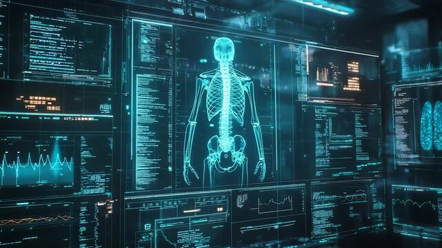 Futuristic medical software analyzing human skeleton and data on multiple screens