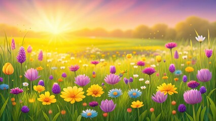 Fototapeta premium Vibrant wildflower meadow bathed in golden sunrise light with a gentle breeze